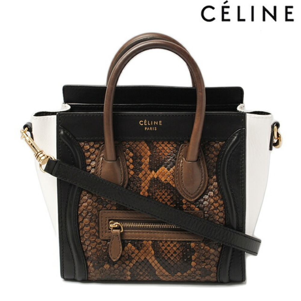 Celine Shopper Luggage Handbag Python Leather Brown Black White Strap
